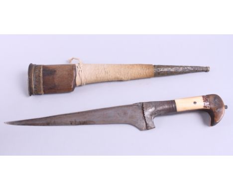 An Afghan Choora with bone handle and brass mounted scabbard, blade 8 1/2" long