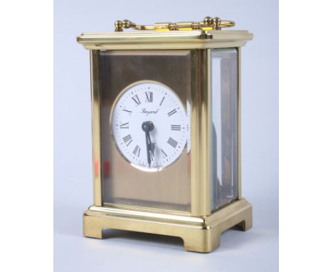 A French gilt metal eight-day carriage clock with seven jewel movement, white enamel dial and Roman numerals inscribed "Bayar