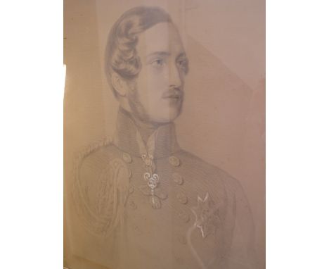A 19th century black and white engraving, portrait of Prince Albert, heightened with bodycolour, 35" x 27" (label verso prove
