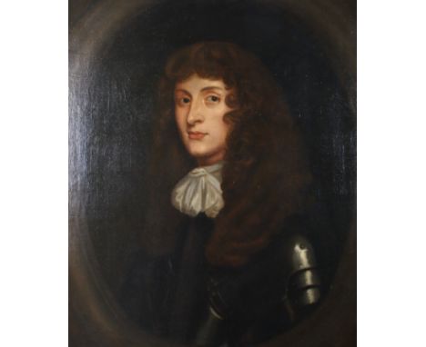 An 18th century oil painting, portrait of a cavalier in armour, in gilt frame with acanthus leaf decoration, 28" x 24"