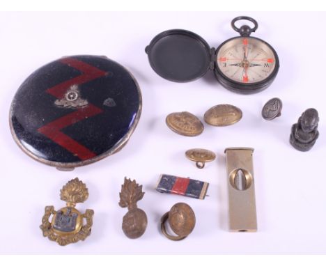 A silver and enamel regimental powder compact, a pocket compass, various military buttons and other items
