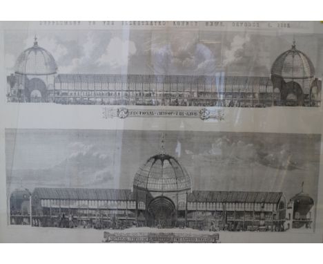 An International Exhibition 1862 print, sectional views of nave and eastern transept, 32" x 44", in walnut frame