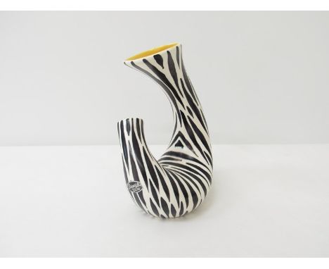 A Beswick zebra striped ceramic vase with yellow glazed interior, designed by Albert Hallam.  21cm high