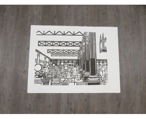 An unframed Edward Bawden lithograph depicting Billingsgate fish market, unsigned. 56.5cm x 76cm 