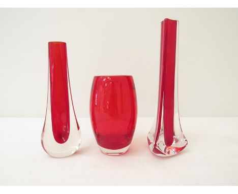 Three Whitefriars ruby vases including tricorn. Tallest 24cm