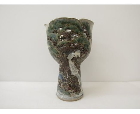 KATHLEEN ELLEN MARIGOLD AUSTIN (1929-2018) A stoneware Calendula Pottery pedestal planter, painted, incised and cut detail of