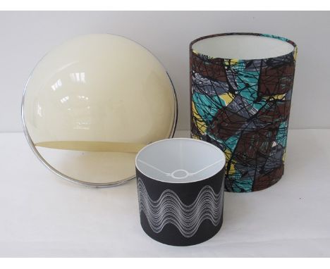 Three light shades - off white perspex and chrome dome, two fabric examples with vintage fabric 