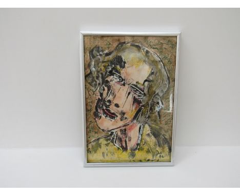 An abstract mixed media portrait painting, initialled DU and dated '72, 29cm x 20cm