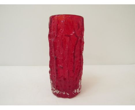 A Whitefriars ruby bark glass vase (approx. 24cm tall), with a clear "Coffin" vase.  Designed by Geoffrey Baxter