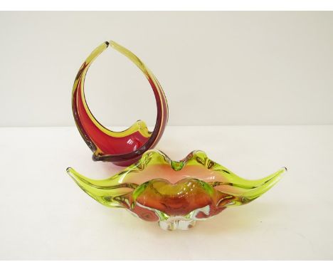 A Murano ruby and amber glass basket dish and a Czech dish in cranberry and green after Josef Hospodka