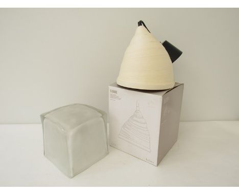 A clear glass cube light and a Habitat designer "CONIC" paper pendant lampshade in original box 