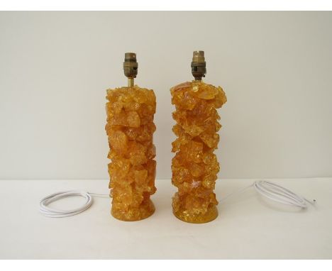 A pair of table lamps made from 'broken' yellow resin.  36.5cm to top of light fitting 