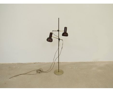 A Danish brassed standard light with twin adjustable brown spots 