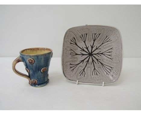 MARIANNE DE TREY (1913-2016) A studio pottery dish with foliate and line detail,  20.5cm x    20.5cm and a PAUL YOUNG (XX) st