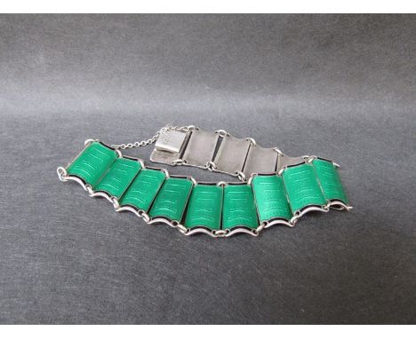 Einar Modahl - A Norwegian sterling and green enamel panel bracelet. Stamped verso 925S and makers mark.
