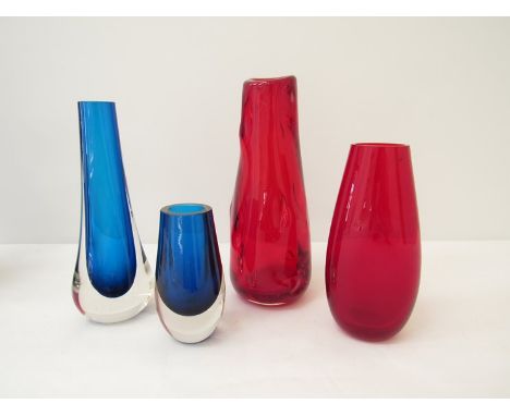 A Whitefriars ruby knobbly vase, moulded ruby vase and two kingfisher blue vases, tallest 23.5cm 