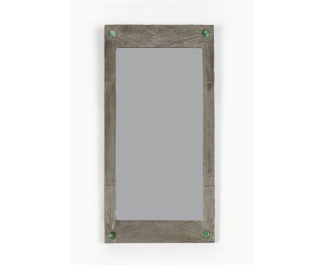 Glasgow School mirror the pewter frame with inset enamelled Ruskin type ceramic roundels, unmarked  71.5cm high x 37cm wide 