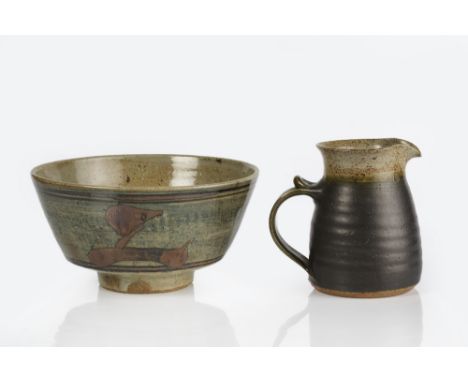 Attributed to David Leach at St. Ives pottery Z or bird on a branch studio pottery bowl 23cm acrossand one other jug with ind