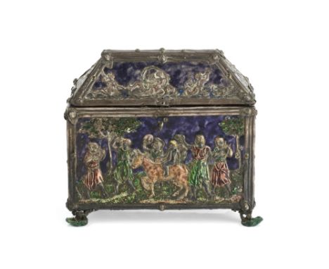 Limoges style  white metal and enamel casket, 19th Century in the 17th Century style, velvet lining to the interior and under