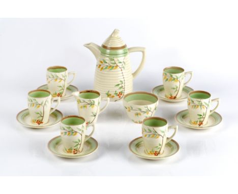 Clarice Cliff (1899-1972) for Wilkinson Ltd  'Summers End' coffee set, circa 1938, consisting of a coffee pot, six coffee cup