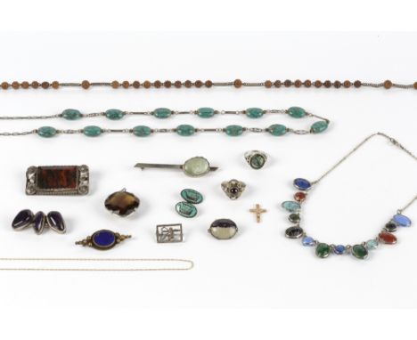 Collection of jewellery to include: Arts and Crafts silver brooch, silver and enamel cufflink, boxwood carved bead necklace, 