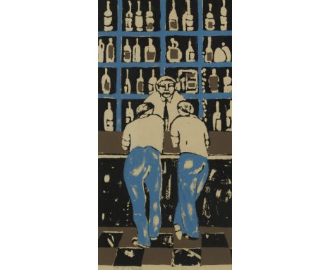 Dewall (20th Century School) 'Figures in a bar' silkscreen, dated '29 45 07' signed in pen lower left  34cm x 16cm