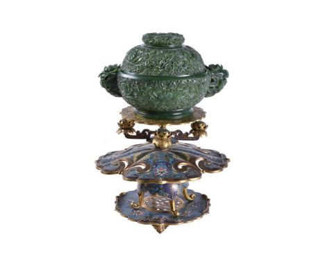 A Chinese spinach jade censer with cloisonne stand, 19th-20th century, the censer intricately pierced and carved with leafy p