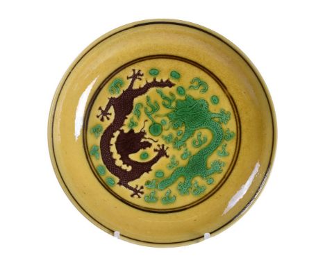 A Chinese yellow ground 'Twin Dragons' saucer dish, Guangxu six-character mark and of the period (1875-1908), painted in gree