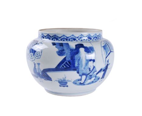 A Chinese blue and white globular jar, 18th or 19th century, decorated to the exterior with two panels, one enclosing a seate