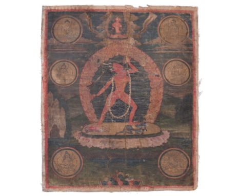 A thangka depicting Sarvabuddhadakini, Tibet, 19th century, pigment on cloth, the tantric goddess drinking blood from a skull