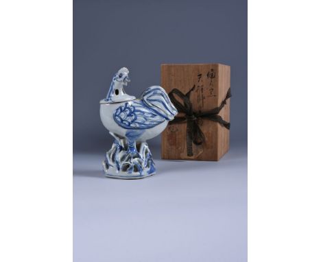 An unusual Chinese blue and white 'Cockerel' censer and cover, Ming Dynasty, Tianqi or Chongzhen period (1621-1643), modelled
