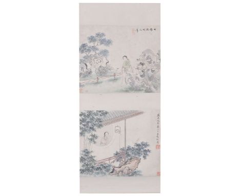 Possibly Gai Qi (1774-1829), Ladies in the garden, two leaves mounted as one scroll, ink and colour on paper, dated the first
