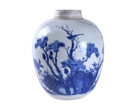 A large Chinese blue and white jar, Transitional period, mid 17th century, the oval body well painted with a continuous scene