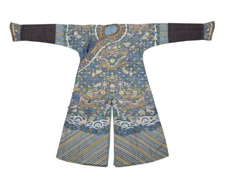 A Chinese Kesi weave Dragon robe, Jifu, Qing Dynasty, circa 1850, woven with nine five-clawed dragons, the lower dragons clas