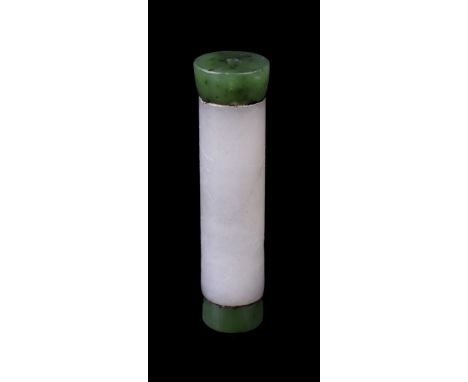 A Chinese inscribed white and spinach jade cylindrical pendant, Qing Dynasty, the mid-section carved in the shape of a cylind