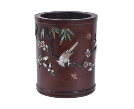 ϒA Chinese hardstone embellished huanghuali brushpot, 17-18th century, Qing Dynasty, of cylindrical form, finely inlaid with 