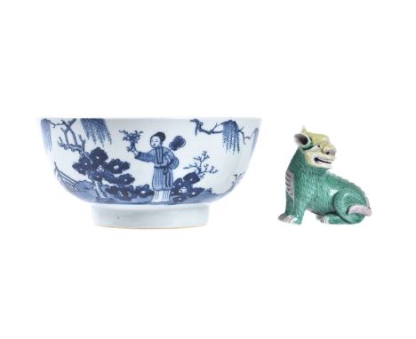 A Chinese export green-glazed Qilin, Qing Dynasty, with yellow glazed face and black eyes, 8.5cm high; and a Chinese blue and