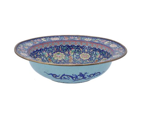 A Chinese Canton enamel basin, 18th or 19th century, the circular basin with flat everted rim decorated on the interior with 