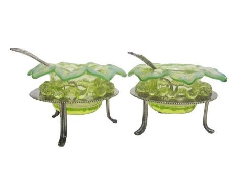 Pair Vaseline Glass Salts with silver plated tripod stands & Pair Silver Salt Spoons with gilded bowls (2) 