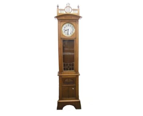 German Art Nouveau Golden Oak Longcase Clock made in Wurtenberg, brass cased weight driven movement with visible brass cased 