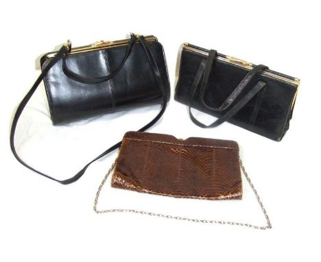 3 Ladies Vintage Leather Handbags: Ackery Black Leather Box Style, Jane Shilton Brown Snakeskin? & Swallow by Lightstone Hubb