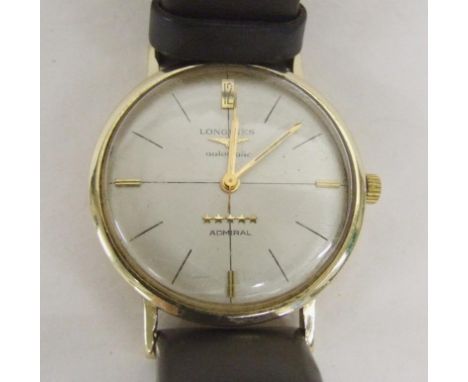 Gents 14ct Gold Longines Admiral Automatic Wristwatch with leather strap, silvered dial, baton markers, sweep seconds hand, p