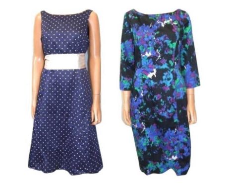 Kaliko Blue Polka Dot Dress with cream sash & Debut Floral Pencil Dress, both size 12 (2) 