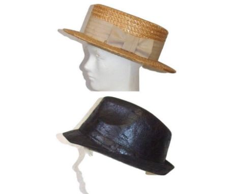 Straw Boater marked 'The York Hat', size 7 1/8 & Black Fabric Trilby (2) 