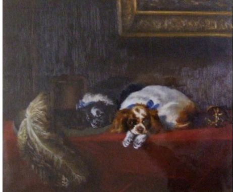 Oil on Canvas King Charles Spaniels with broad rimmed hat with long feather, on red cloth, in gilt frame with gilt slip, appr