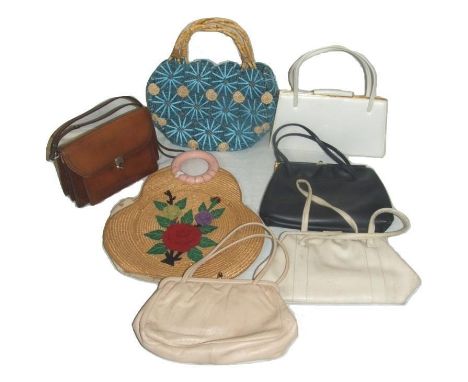 Ladies Vintage Bags incl. Salisburys brown leather, Freedex taupe leather, Chinese woven straw, etc & Per Una blue raffia bag