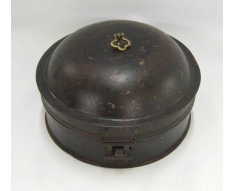 C19th Circular Metal Spice Box with tinned interior, 6 division interior with central well for spice grater (missing), hinged