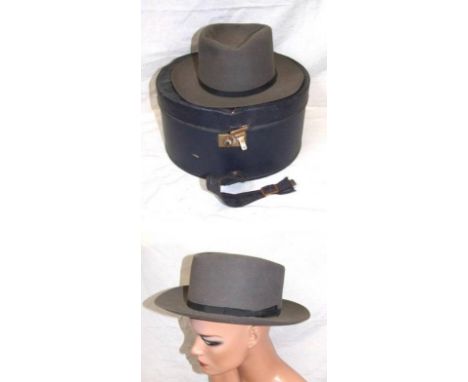 Dunn & Co. Ltd. Brown Fedora Hat in blue fabric covered card hat box 