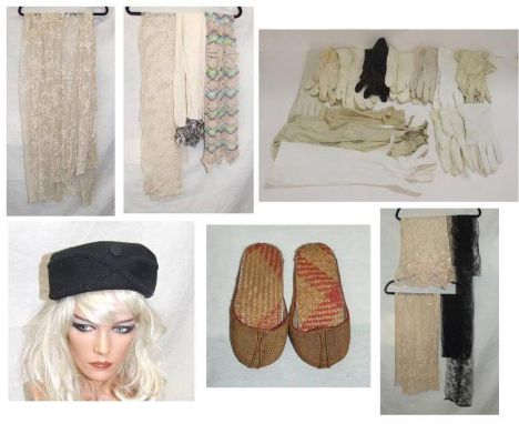 13 Pairs Ladies Gloves, Vintage Lace, Black Felt Hat & Pair Oriental Woven Straw Slippers 