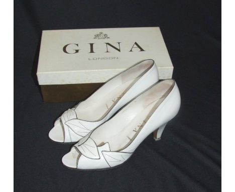 Pair Vintage Gina White Leather Open Toe Shoes, in original box, size 6 